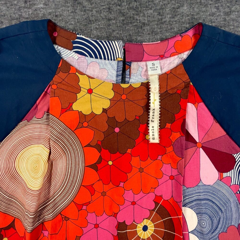 Uncle Frank Retro Geometric Floral Pink Blue Cotton Top S 70's Tunic Festival - Picture 5 of 9